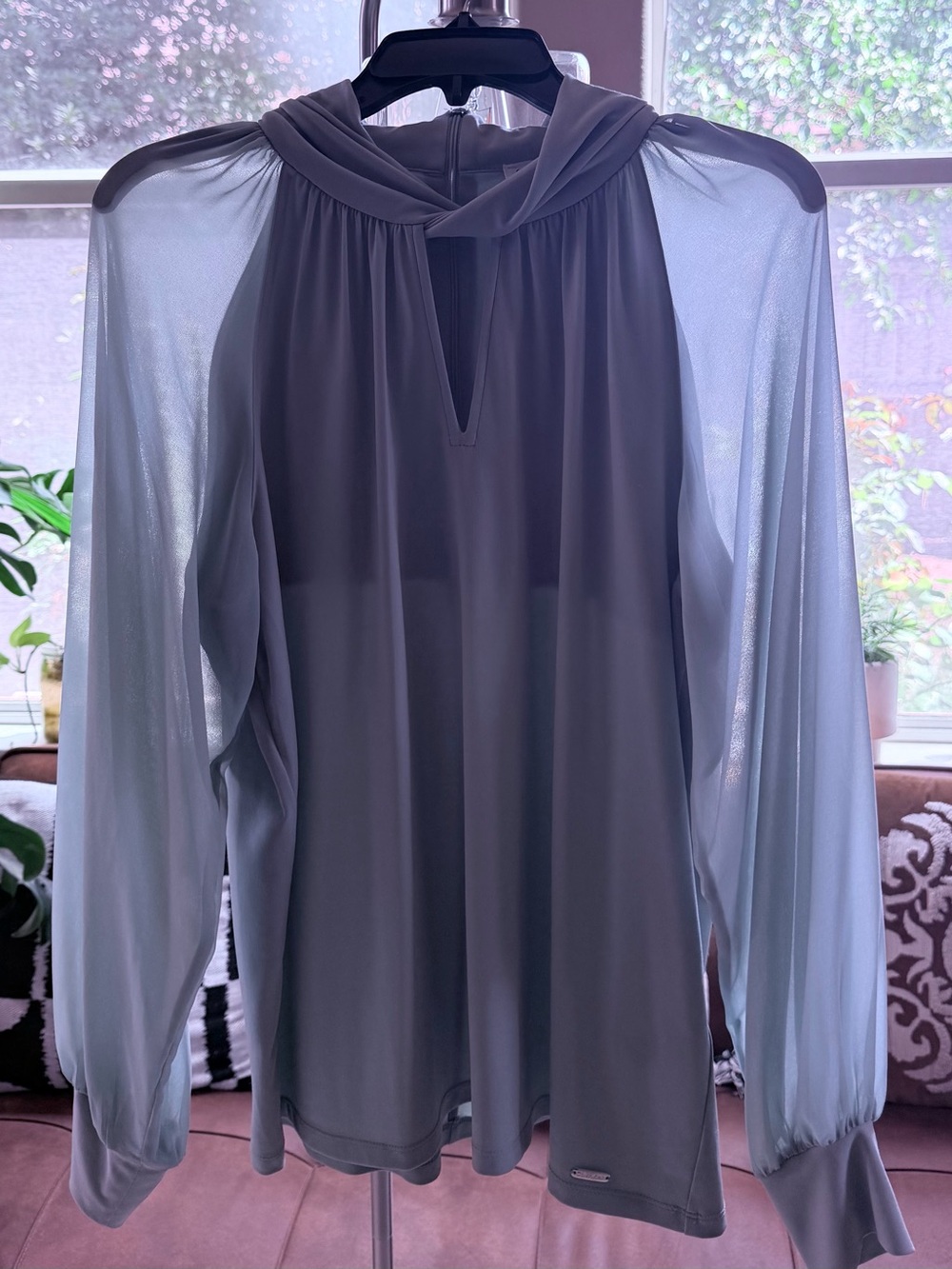 Calvin Klein mint green color Sheer Long-Sleeve Keyhole Blouse